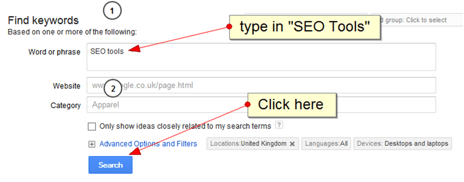 How to execute a search for the keyword SEO tools