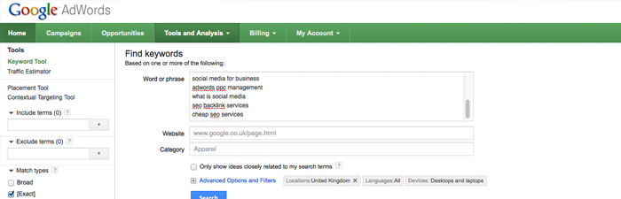 the google keyword tool in action
