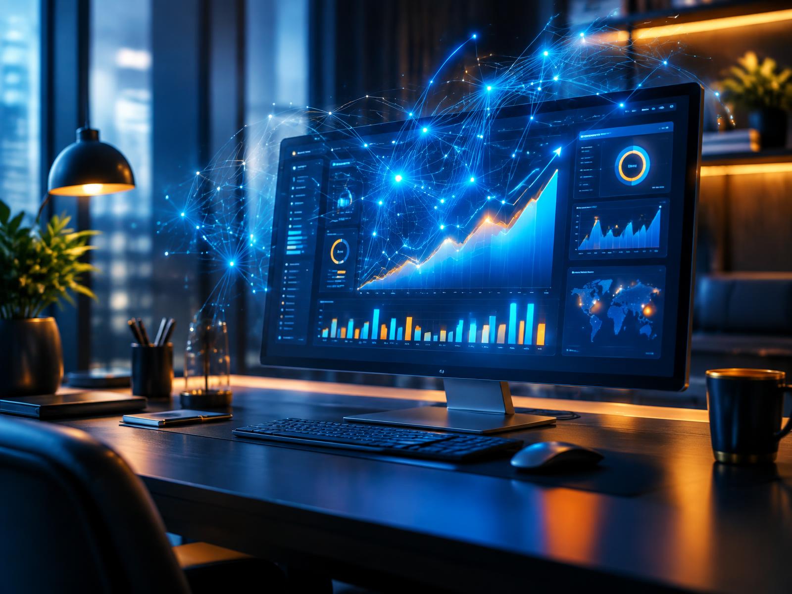 AI-powered marketing analytics workspace with glowing data network